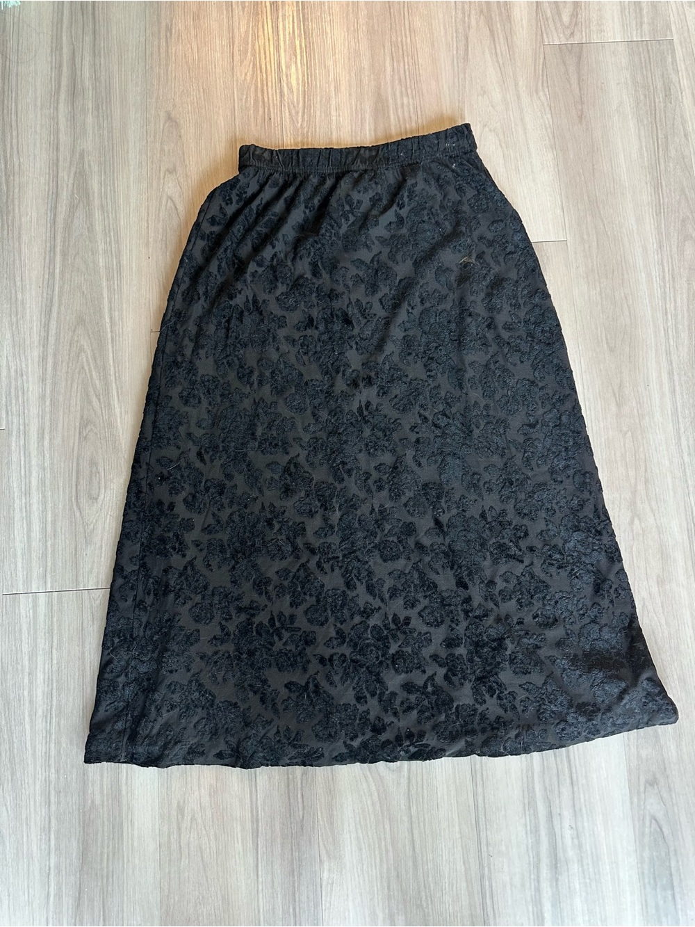 Vintage Lands End Black Floral Velvet A-Line Skirt Size Small